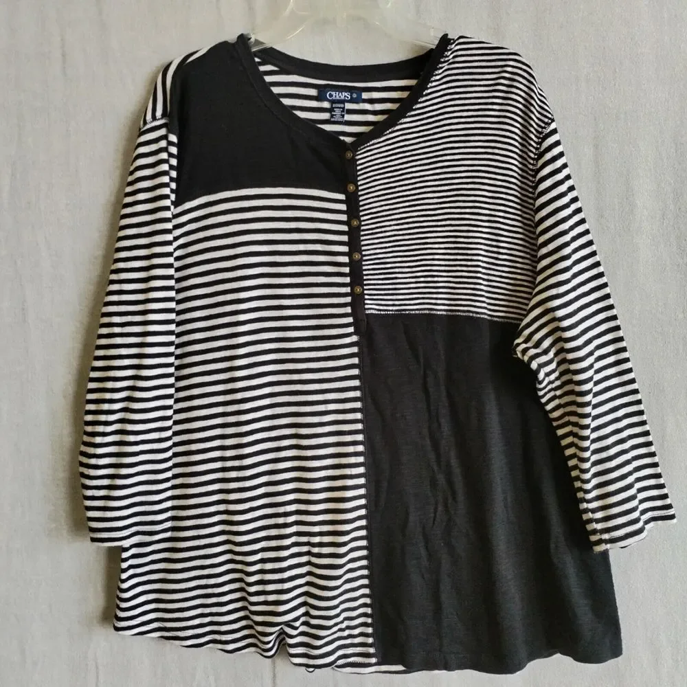 CHAPS‎ Sweater Womens 2XL 3/4 Sleeve Colorblock Stripe Knit White Navy Blue
